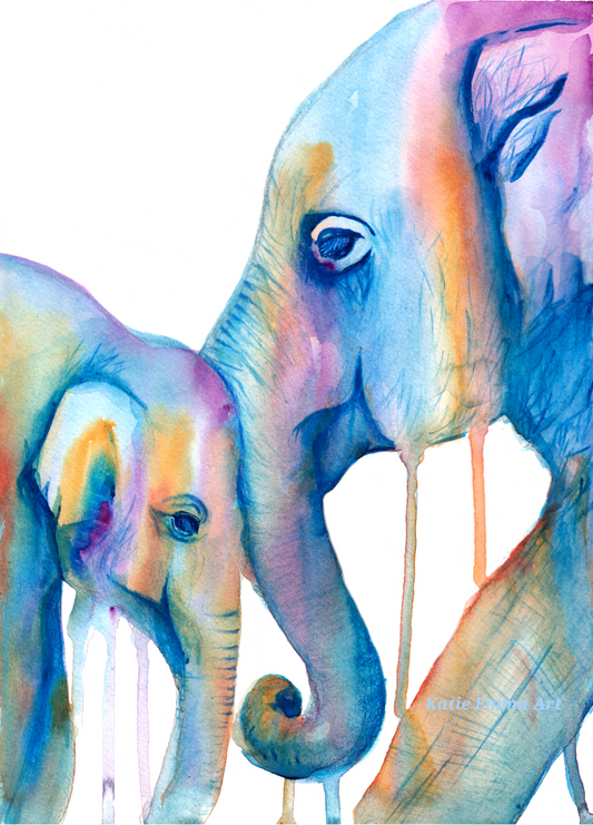 Mum and Baby Elephants Fine Art Giclee Print