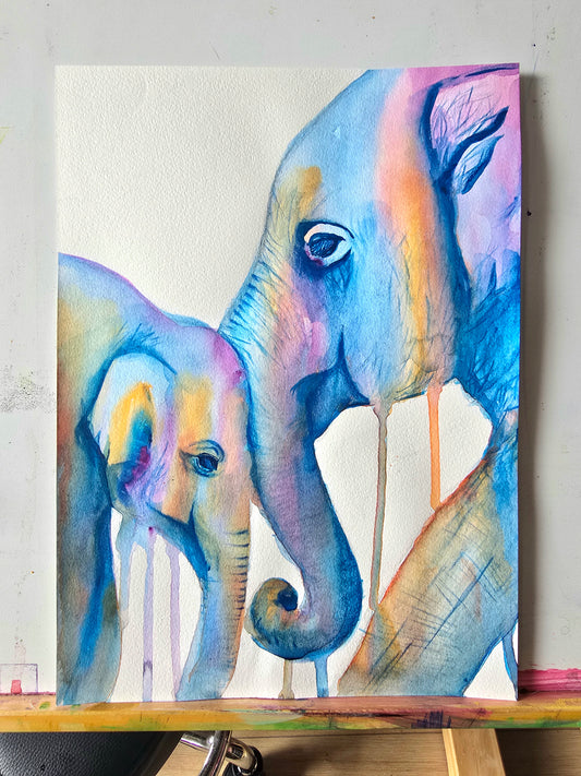Original Mum and Baby Elephant Painting